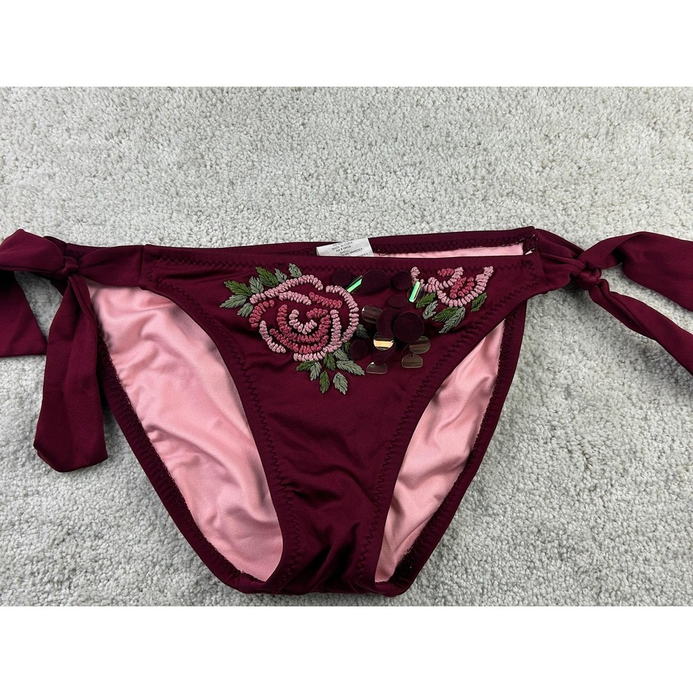 Becca Bikini Bottom Womens Small Embroidered Floral Side Tie Swim Swimwear